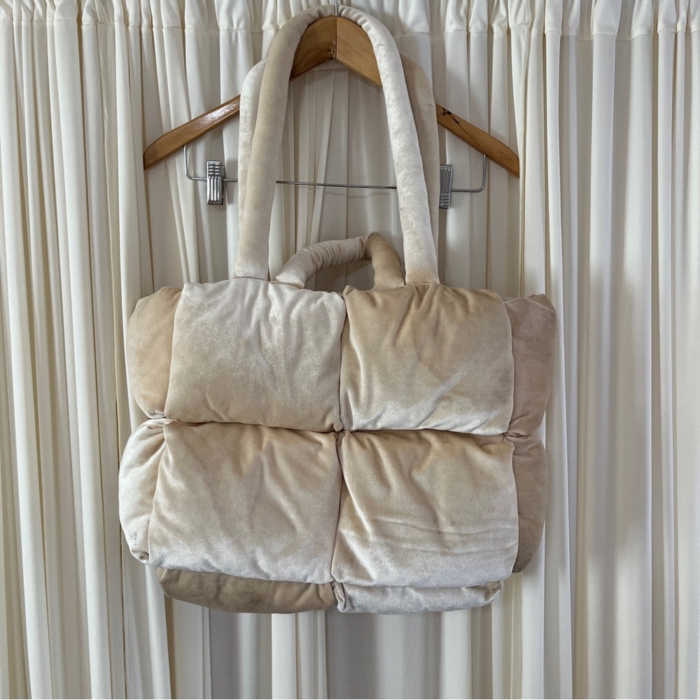 Anthropologie Velvet Puffer Tote Shoulder Bag Cream‎ Tan Quilted Medium Size